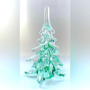 Vintage Clear & Green Ribboned Crystal Art Glass Village Christmas Tree 5.5”